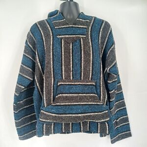 mens blue grey Striped Mexican Baja Hoodie Pullover Poncho Sweater Size XL